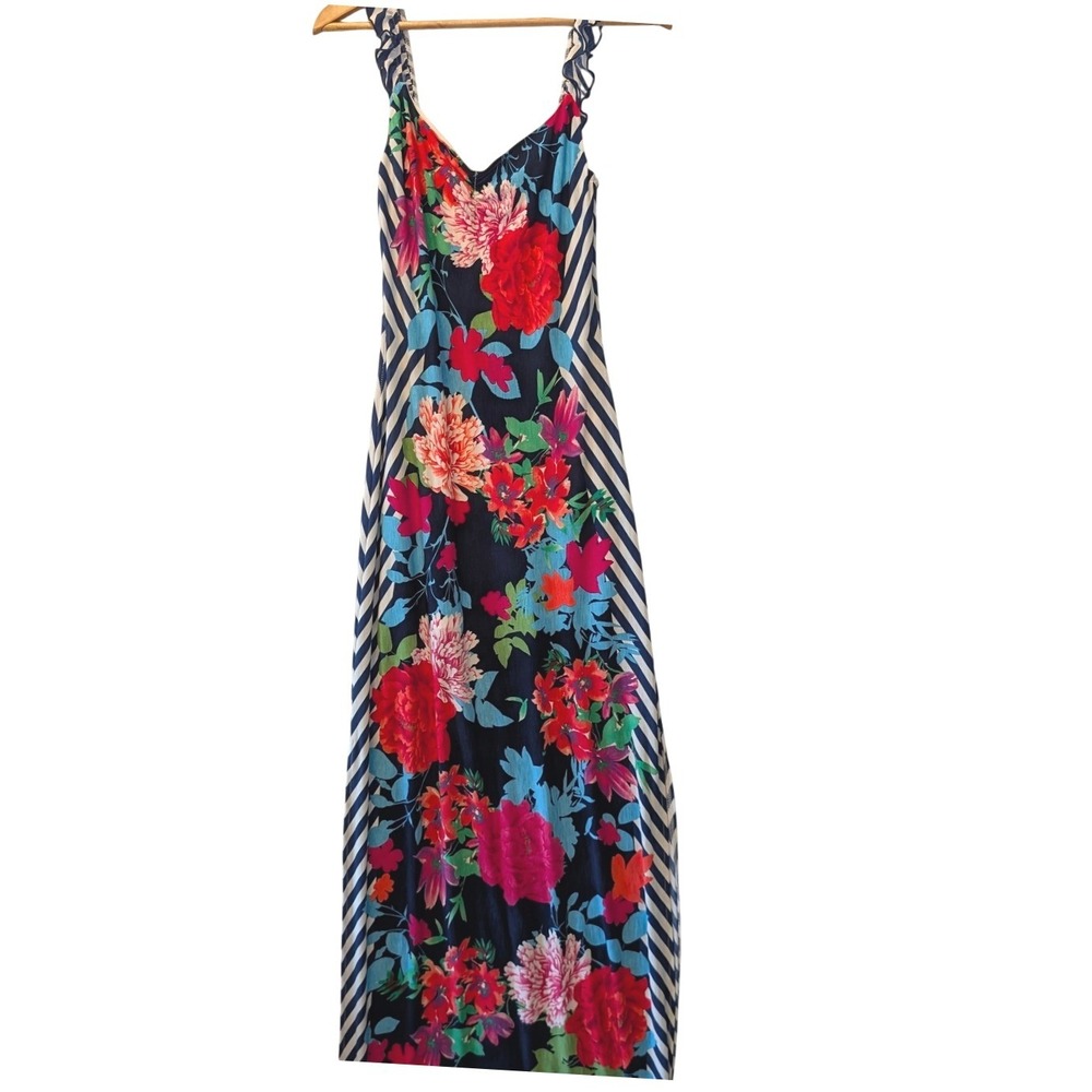 Silvergate Floral Striped Ruffle Strap Maxi Dress Navy Pink IDB501-BREP Medium